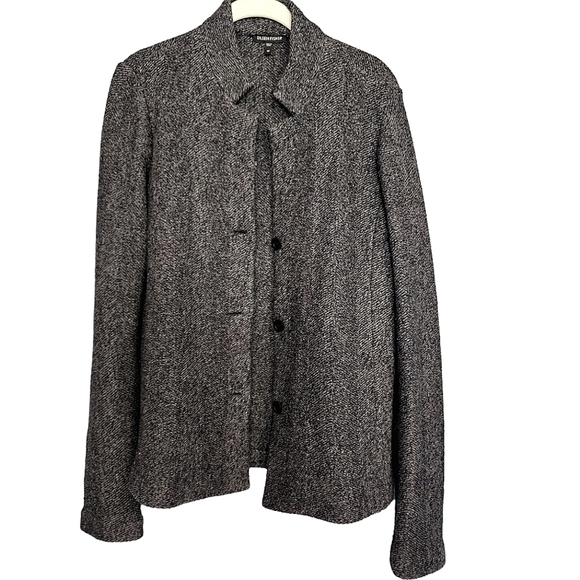 Eileen Fisher Blazer Jacket Wool Cotton Knit Herringbone Band Collar Gray M - Picture 1 of 7